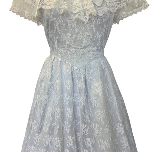 Gunne Sax Vintage 80s Lace Princess Dress Size S Ice Blue Bows Fairy Ruffle - Picture 4 of 12